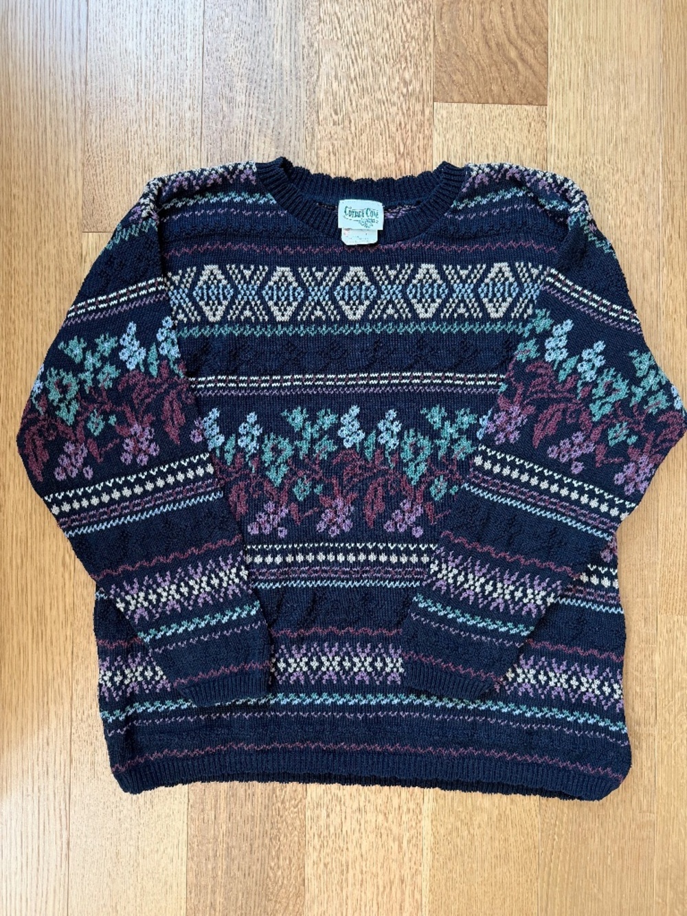 Cottage Cove Vintage Floral Fair Isle Cotton Blend Sweater in Navy